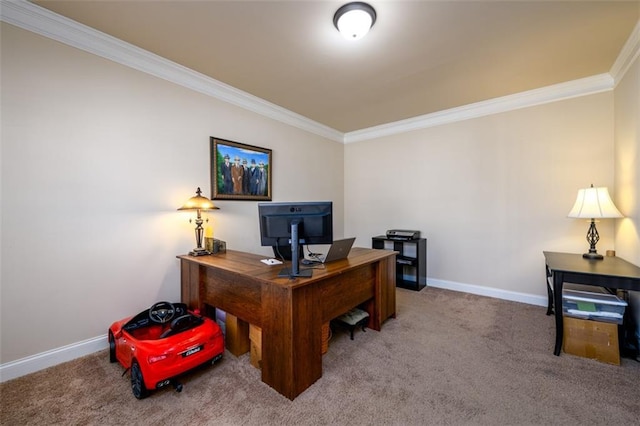 office space with carpet flooring, baseboards, and ornamental molding