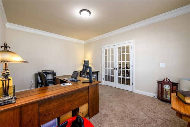 office space with carpet, crown molding, french doors, and baseboards