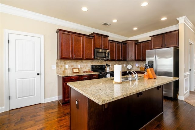 kitchen with dark wood-type flooring, ornamental molding, a kitchen breakfast bar, backsplash, and stainless steel appliances