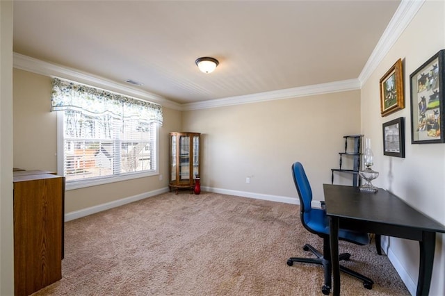 office featuring baseboards, visible vents, carpet floors, and ornamental molding