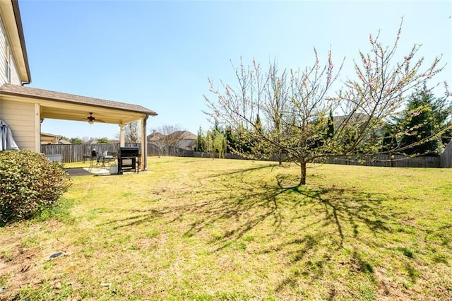 view of yard featuring a patio area, ceiling fan, and a fenced backyard