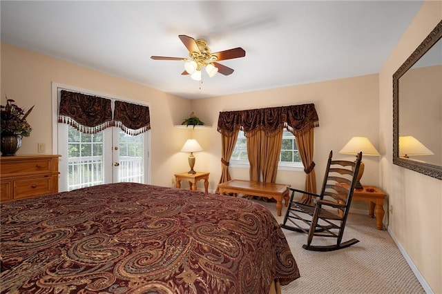 carpeted bedroom with access to exterior and ceiling fan