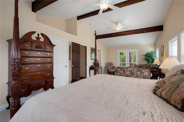 bedroom featuring ceiling fan, lofted ceiling with beams, and french doors