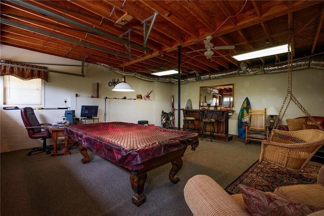 playroom with bar, ceiling fan, and billiards