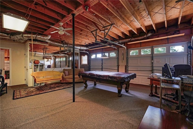 recreation room featuring ceiling fan, carpet, and billiards