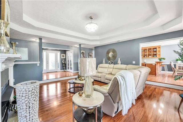 70 Lake Charles Xing, Covington, GA 30016 - living room featuring a raised ceiling, wood finished floors, baseboards, and a fireplace