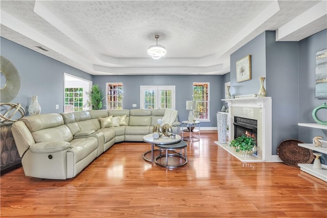 70 Lake Charles Xing, Covington, GA 30016 - living area featuring a tray ceiling, a textured ceiling, wood finished floors, a warm lit fireplace, and baseboards