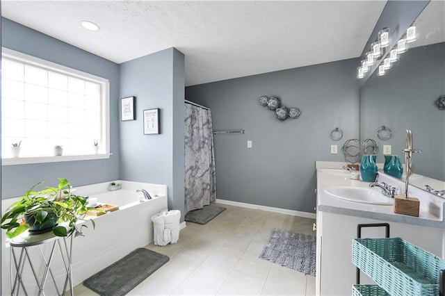 70 Lake Charles Xing, Covington, GA 30016 - bathroom with a bath, a textured ceiling, double vanity, tile patterned floors, and a shower with curtain