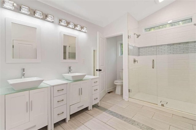 bathroom with lofted ceiling, a shower with door, vanity, and toilet