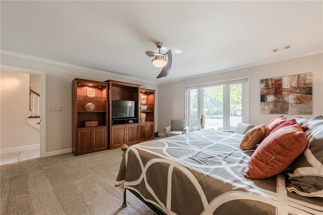 535 Brickleberry Ln, Roswell, GA 30075 - bedroom with ornamental molding, access to outside, light carpet, and a ceiling fan