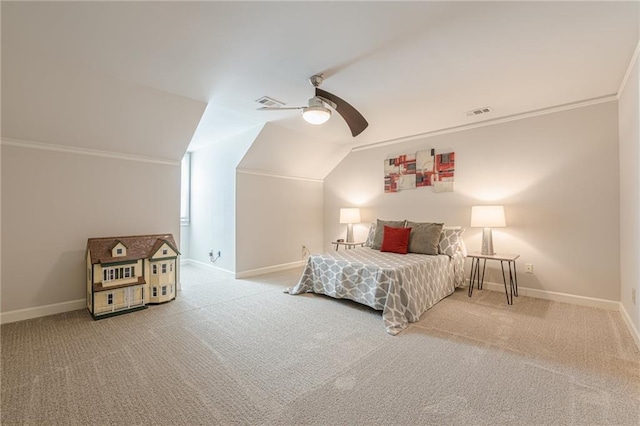 535 Brickleberry Ln, Roswell, GA 30075 - carpeted bedroom featuring crown molding, lofted ceiling, and ceiling fan