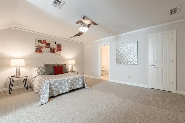 535 Brickleberry Ln, Roswell, GA 30075 - carpeted bedroom with crown molding, ensuite bathroom, and a ceiling fan