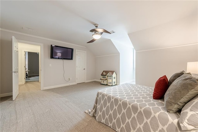 535 Brickleberry Ln, Roswell, GA 30075 - bedroom with light carpet, ceiling fan, ornamental molding, and lofted ceiling
