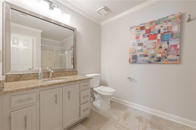 535 Brickleberry Ln, Roswell, GA 30075 - bathroom featuring vanity, crown molding, and a shower with door