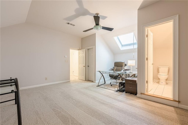 535 Brickleberry Ln, Roswell, GA 30075 - carpeted office featuring vaulted ceiling, a skylight, and ceiling fan