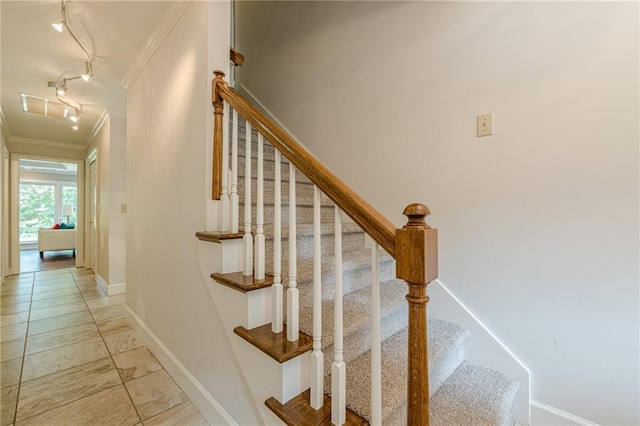 535 Brickleberry Ln, Roswell, GA 30075 - staircase featuring track lighting and crown molding