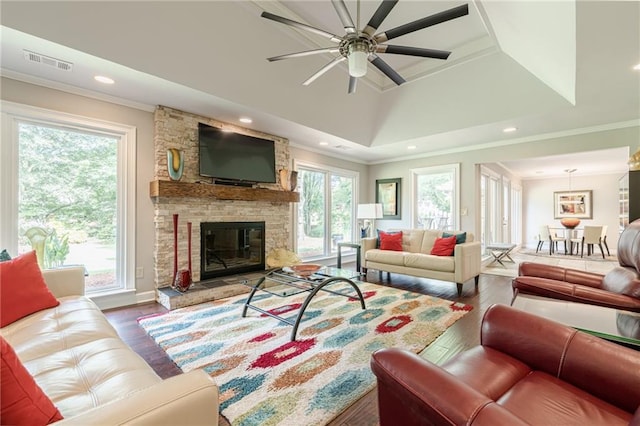 535 Brickleberry Ln, Roswell, GA 30075 - living area featuring wood finished floors, ceiling fan, a stone fireplace, ornamental molding, and recessed lighting