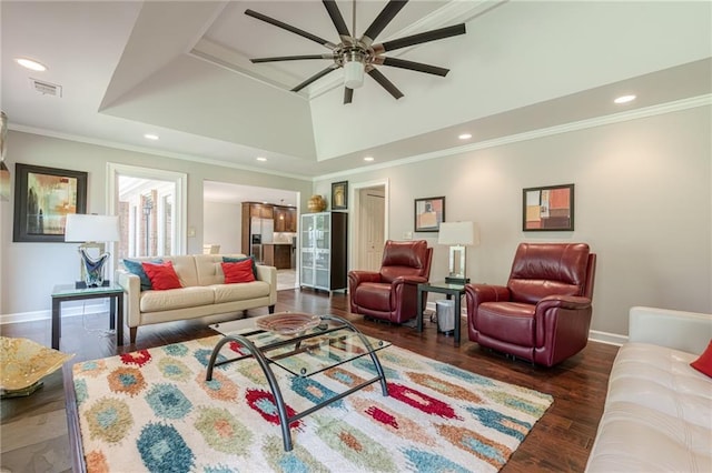 535 Brickleberry Ln, Roswell, GA 30075 - living room featuring wood finished floors, ceiling fan, recessed lighting, ornamental molding, and lofted ceiling
