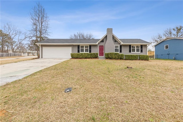 single story home with a garage and a front yard