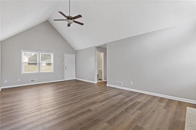 interior space featuring hardwood / wood-style flooring, high vaulted ceiling, and ceiling fan