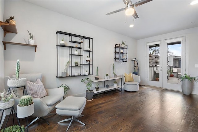 sitting room with ceiling fan, french doors, wood finished floors, and recessed lighting