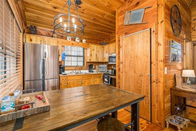 kitchen with wood walls, stainless steel appliances, vaulted ceiling, a sink, and wood ceiling