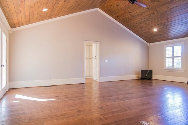 unfurnished living room with hardwood / wood-style floors, vaulted ceiling, wooden ceiling, and crown molding