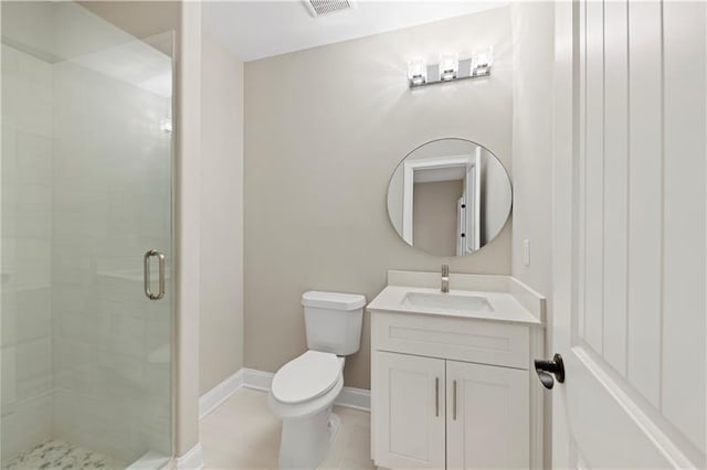 bathroom featuring walk in shower, tile patterned flooring, vanity, and toilet