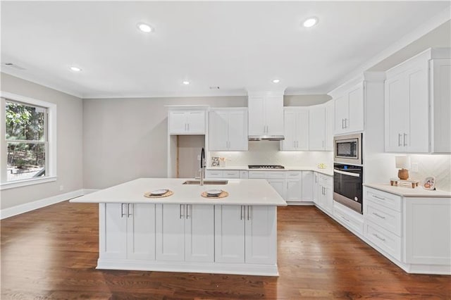 kitchen featuring appliances with stainless steel finishes, dark wood-type flooring, white cabinets, a kitchen island with sink, and sink