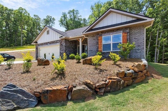 view of front of home with board and batten siding, brick siding, and a garage