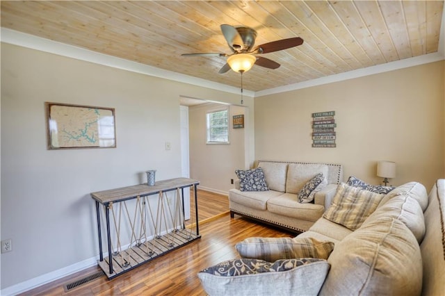 233 S Spring Rd, Eatonton, GA 31024 - living room featuring wood ceiling, a ceiling fan, wood finished floors, and ornamental molding