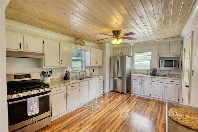 233 S Spring Rd, Eatonton, GA 31024 - kitchen with stainless steel appliances, under cabinet range hood, wooden ceiling, light wood-style floors, and white cabinetry