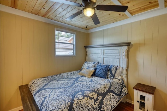 233 S Spring Rd, Eatonton, GA 31024 - bedroom featuring wooden ceiling, wood finished floors, ceiling fan, and wood walls