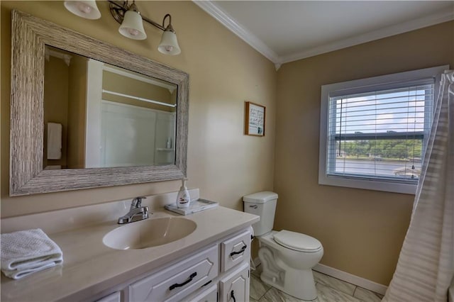 233 S Spring Rd, Eatonton, GA 31024 - full bath featuring ornamental molding, vanity, and marble look tiles
