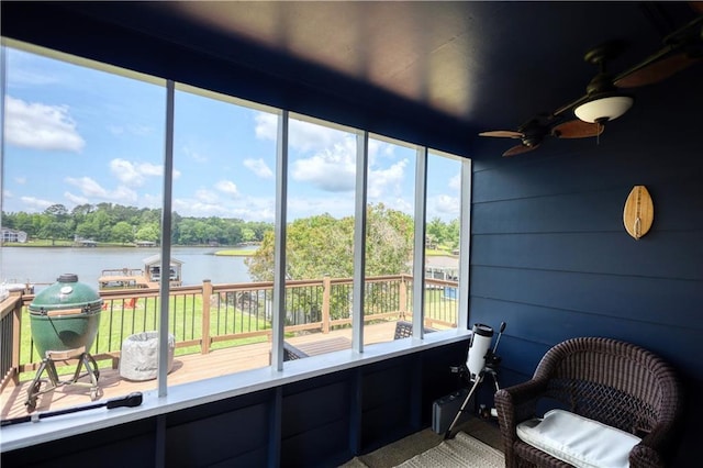233 S Spring Rd, Eatonton, GA 31024 - sunroom / solarium with a water view, a ceiling fan, and healthy amount of natural light