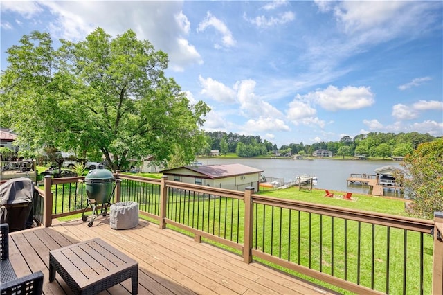 233 S Spring Rd, Eatonton, GA 31024 - wooden terrace with a water view, a lawn, and view of scattered trees