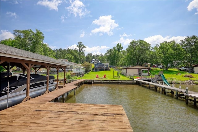 233 S Spring Rd, Eatonton, GA 31024 - dock area featuring a water view, a lawn, and view of scattered trees