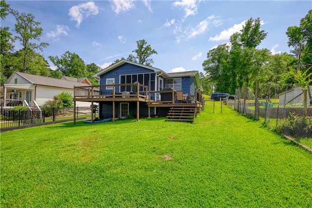233 S Spring Rd, Eatonton, GA 31024 - rear view of property with a deck, a fenced backyard, stairway, and a sunroom