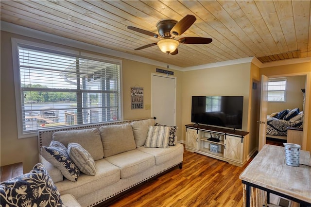 233 S Spring Rd, Eatonton, GA 31024 - living area featuring wood ceiling, a ceiling fan, crown molding, and wood finished floors