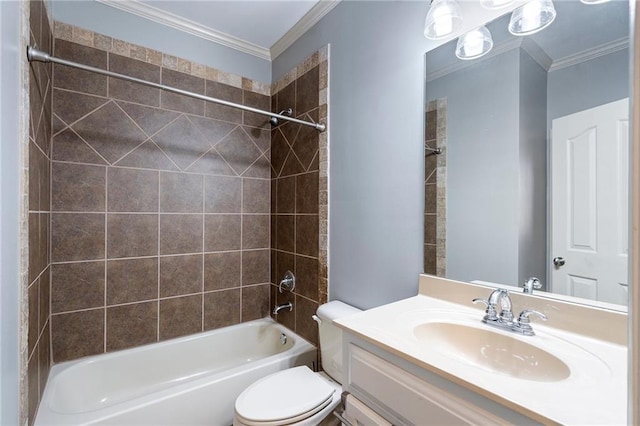 full bathroom featuring tiled shower / bath combo, toilet, ornamental molding, and vanity