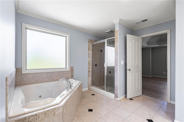 bathroom featuring separate shower and tub, crown molding, and tile patterned floors