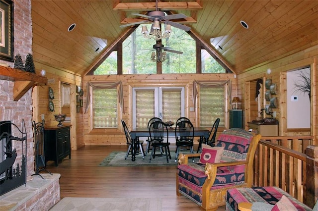 dining area with ceiling fan, high vaulted ceiling, wooden ceiling, and hardwood / wood-style floors