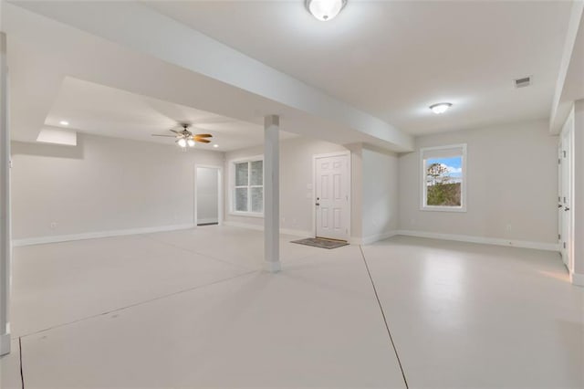 basement with recessed lighting, baseboards, and a ceiling fan