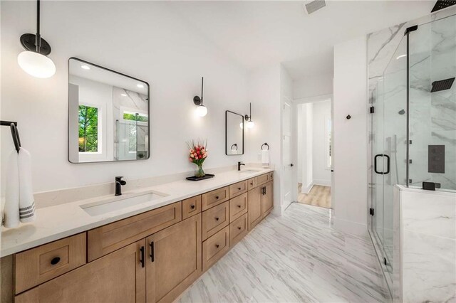 7262 Creekside Way, Jefferson, GA 30549 - full bath featuring a marble finish shower, double vanity, and marble finish floors