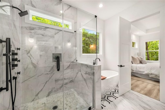 7262 Creekside Way, Jefferson, GA 30549 - full bath featuring healthy amount of natural light, a freestanding bath, a marble finish shower, and recessed lighting