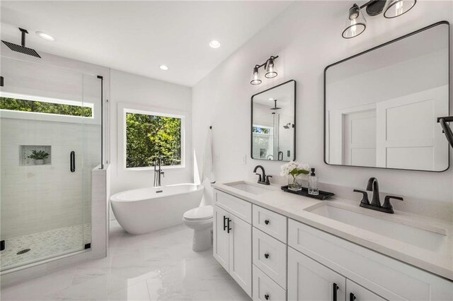 7262 Creekside Way, Jefferson, GA 30549 - full bathroom with a stall shower, double vanity, a soaking tub, marble finish flooring, and recessed lighting