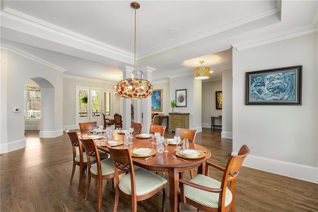 dining room with a tray ceiling, dark wood finished floors, and baseboards