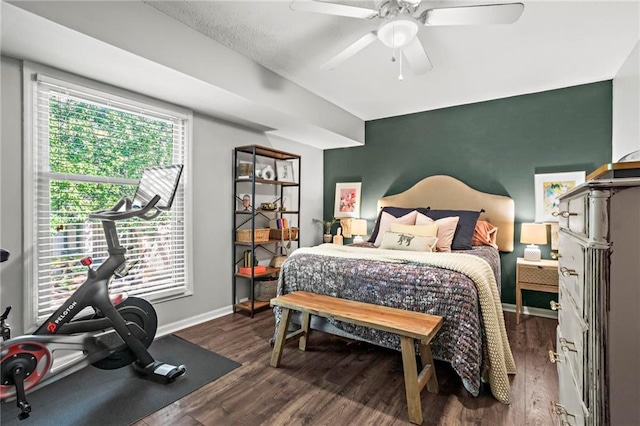 bedroom featuring dark hardwood / wood-style flooring and ceiling fan