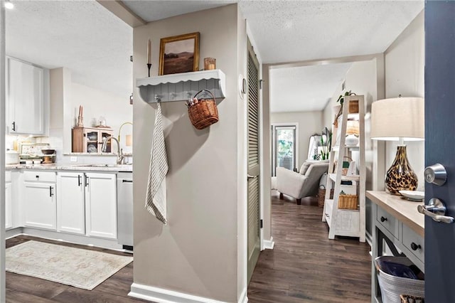 interior space featuring sink, dark wood-type flooring, and a textured ceiling