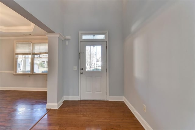 foyer with dark hardwood / wood-style flooring, a raised ceiling, a wealth of natural light, and ornamental molding